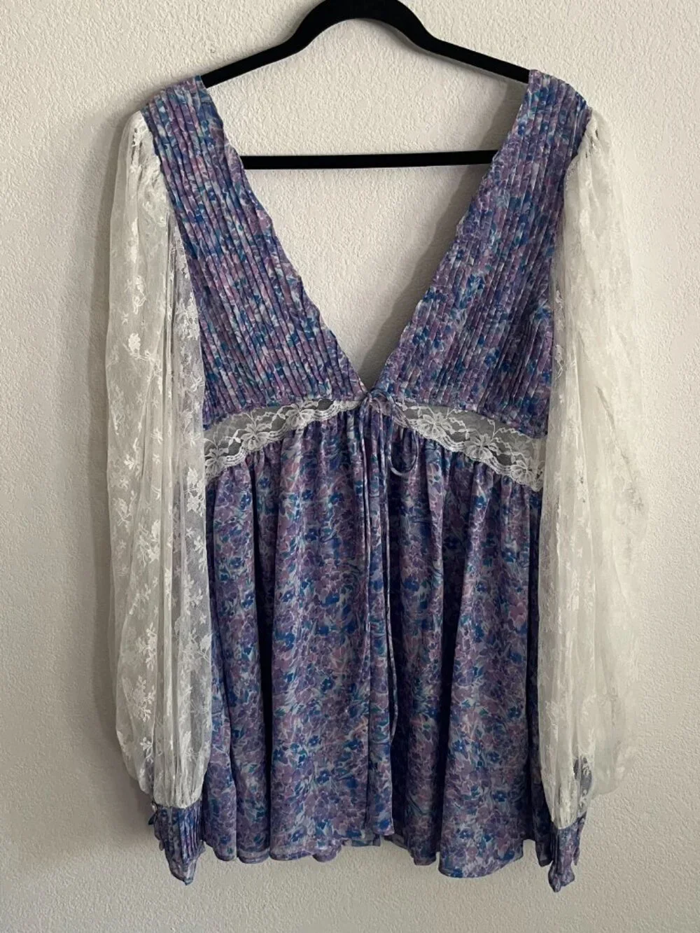For Love & Lemons Floral Lace Sleeve Plunge Front Mini Dress NWT